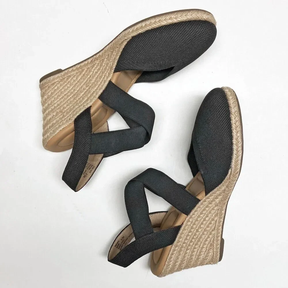 Kelly & Katie Brynn Black Espadrille Wedge Sandals Size 8.5 Crossover Straps